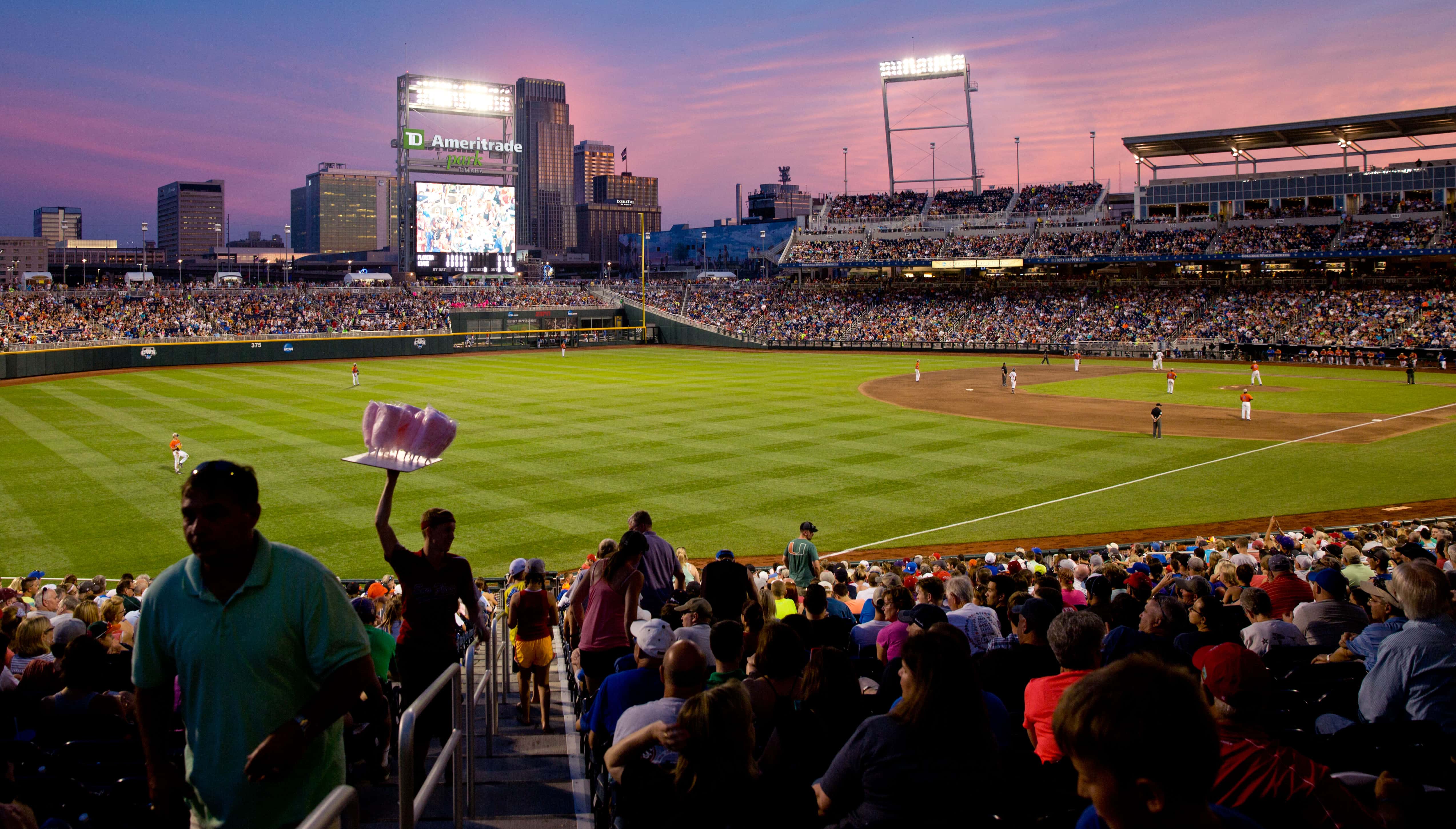 The sun sets over TD Ameritrade Park on June 17, 2015 during the Miami vs. Florida College World Series baseball game in Omaha, Neb.