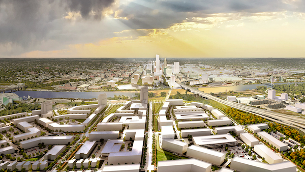 Photo-real rendering of a new development in the former golf course on the Iowa side of the Missouri River.