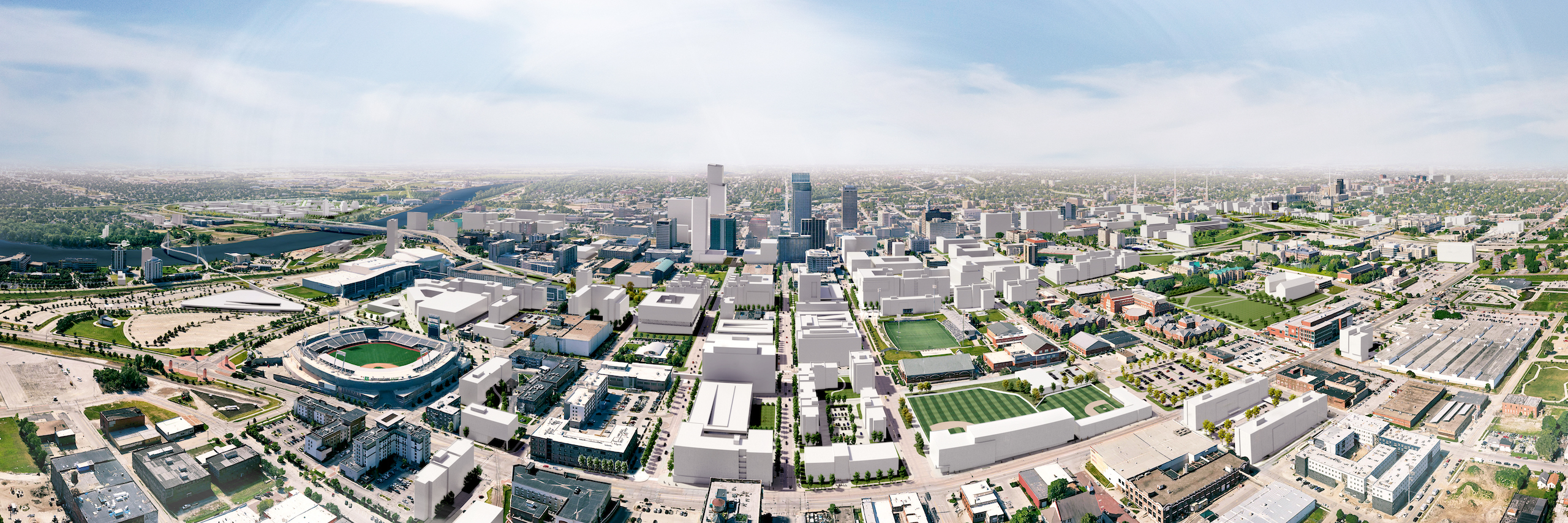 Photo-real rendering of the future Omaha downtown, including prospective development projects.