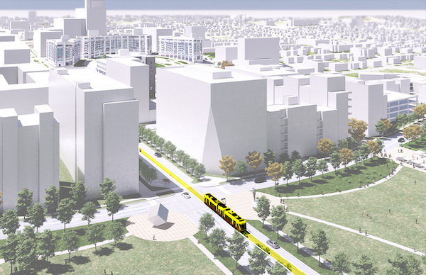 Rendering of future Omaha streetcar leaving downtown toward the Midtown area.