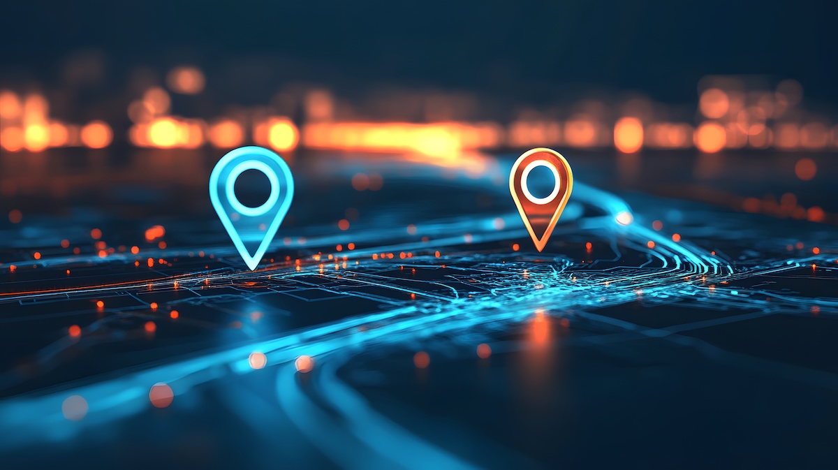Digital map interface displaying two location pins, representing AI-driven GPS technology and innovative delivery services