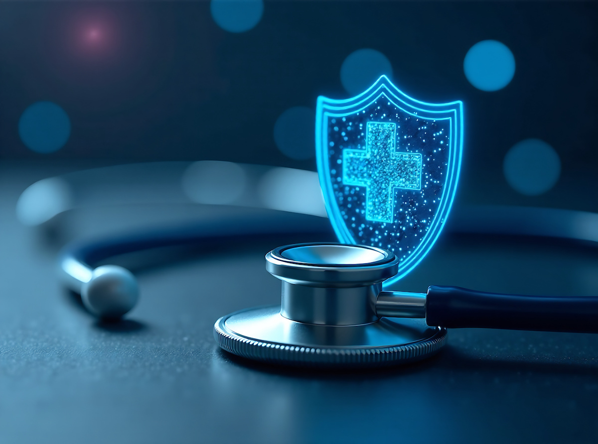 A digital shield with a medical cross symbol sits on a stethoscope, representing the importance of protecting patient data and ensuring secure healthcare practices. new image