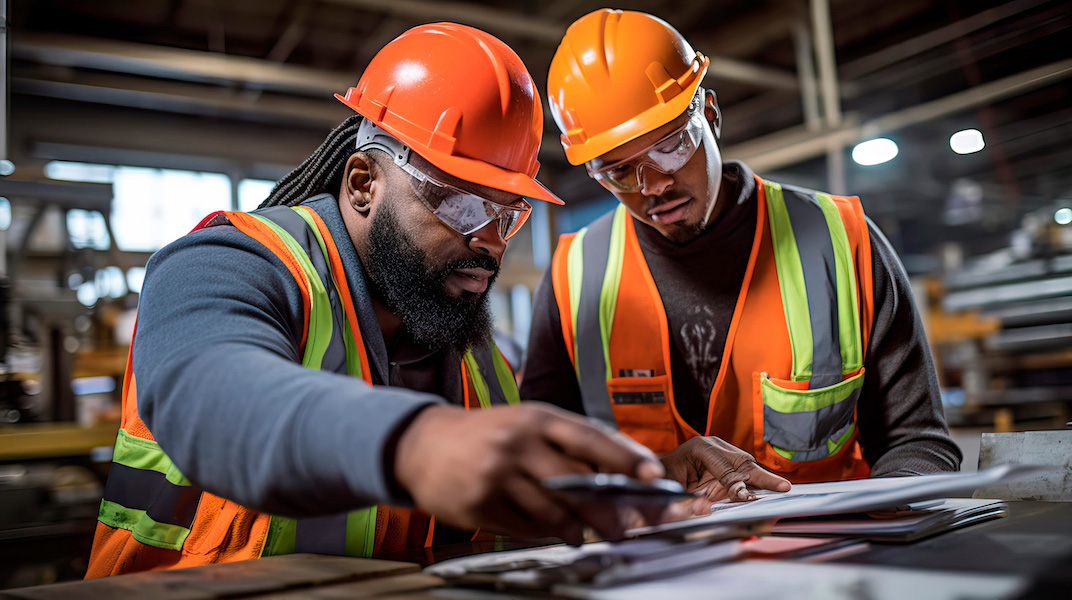 Industrial workers in safety vests and hard hats collaborating on a project. Generative Ai