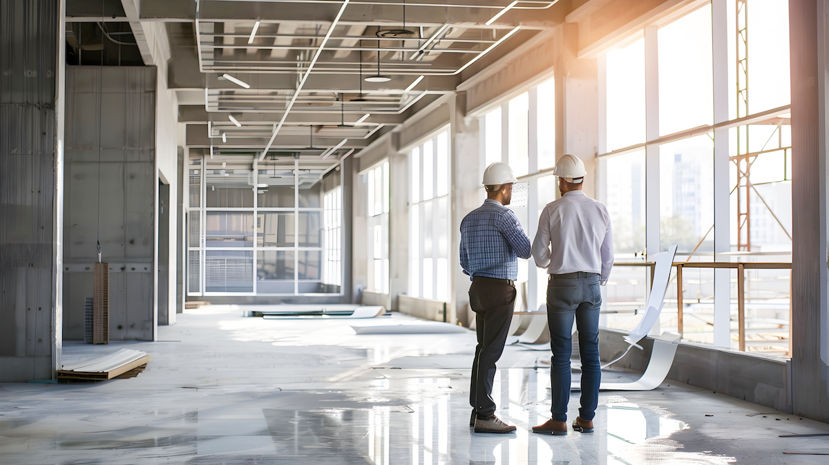 Two construction professionals likely a manager and architect having a meeting in an empty modern office space They are discussing plans