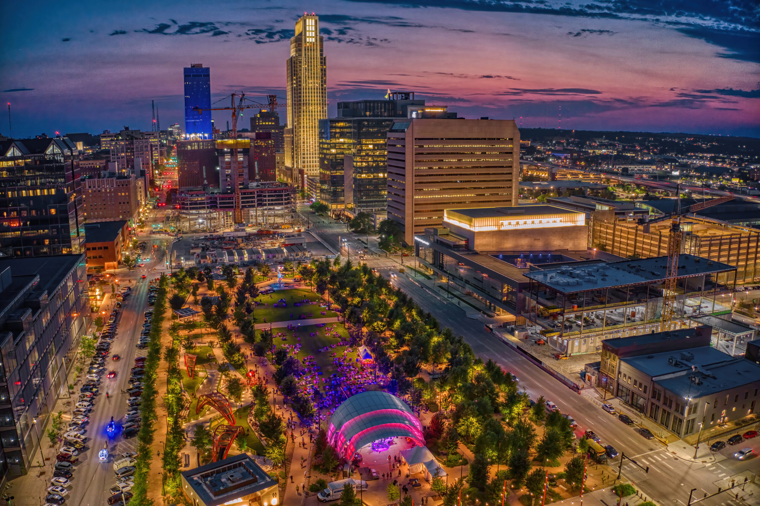 Aerial View of the Omaha, Nebraska Skyline at Dusk
